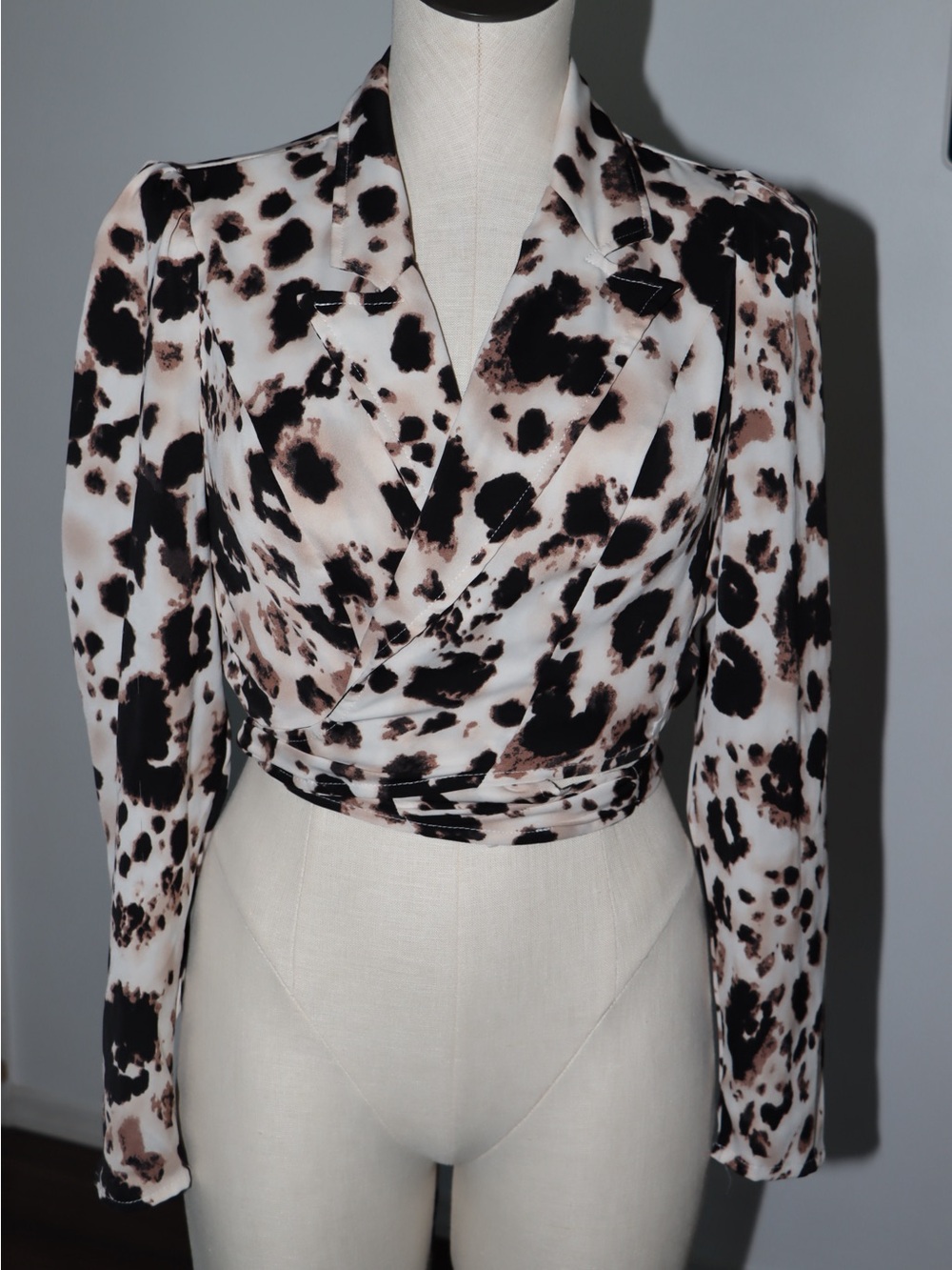 Animal-Print Faux Wrap Blouse in Black & Cream